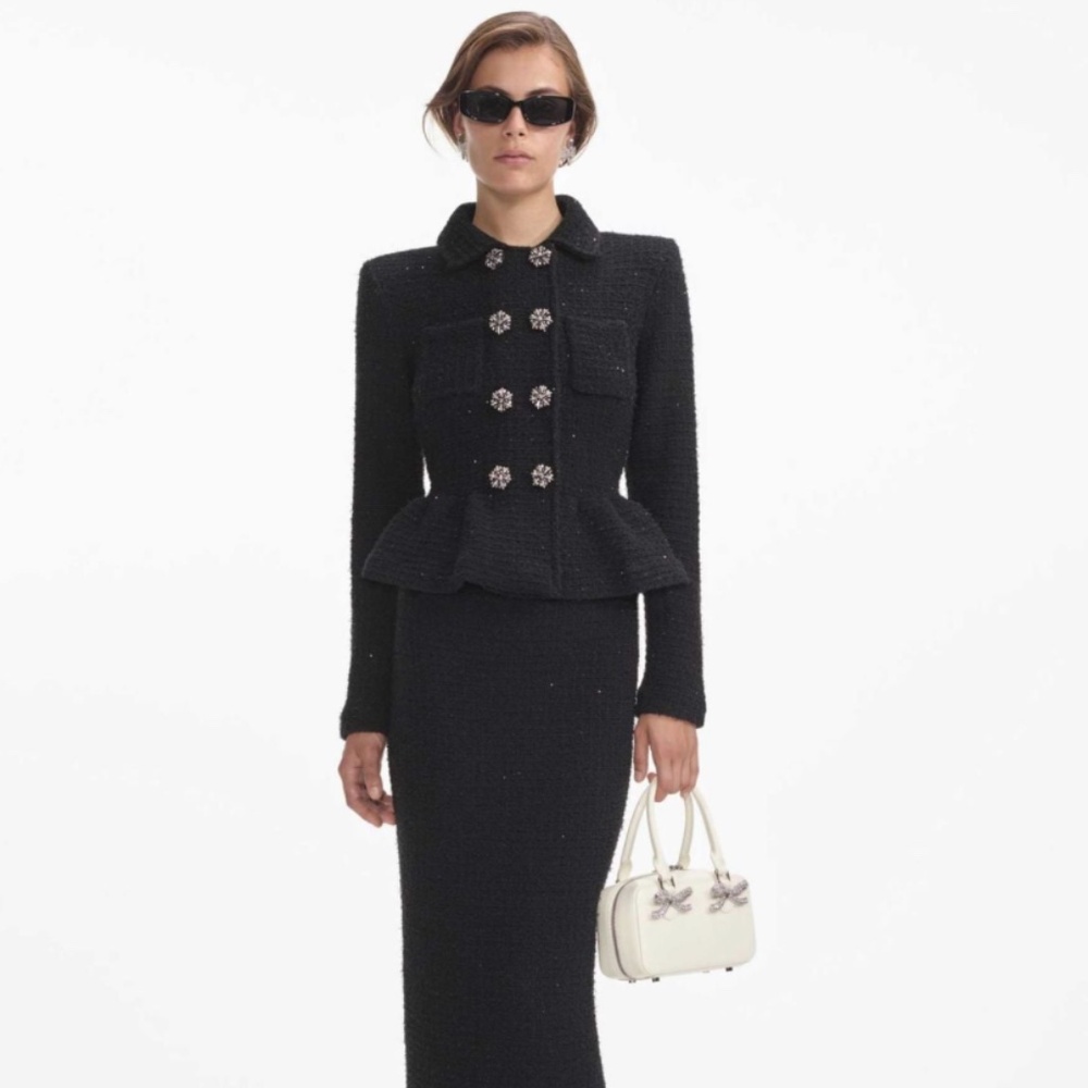 self-portrait Black Textured Knit Peplum Midi Dress Size: Med - MSRP $640 - NWT
